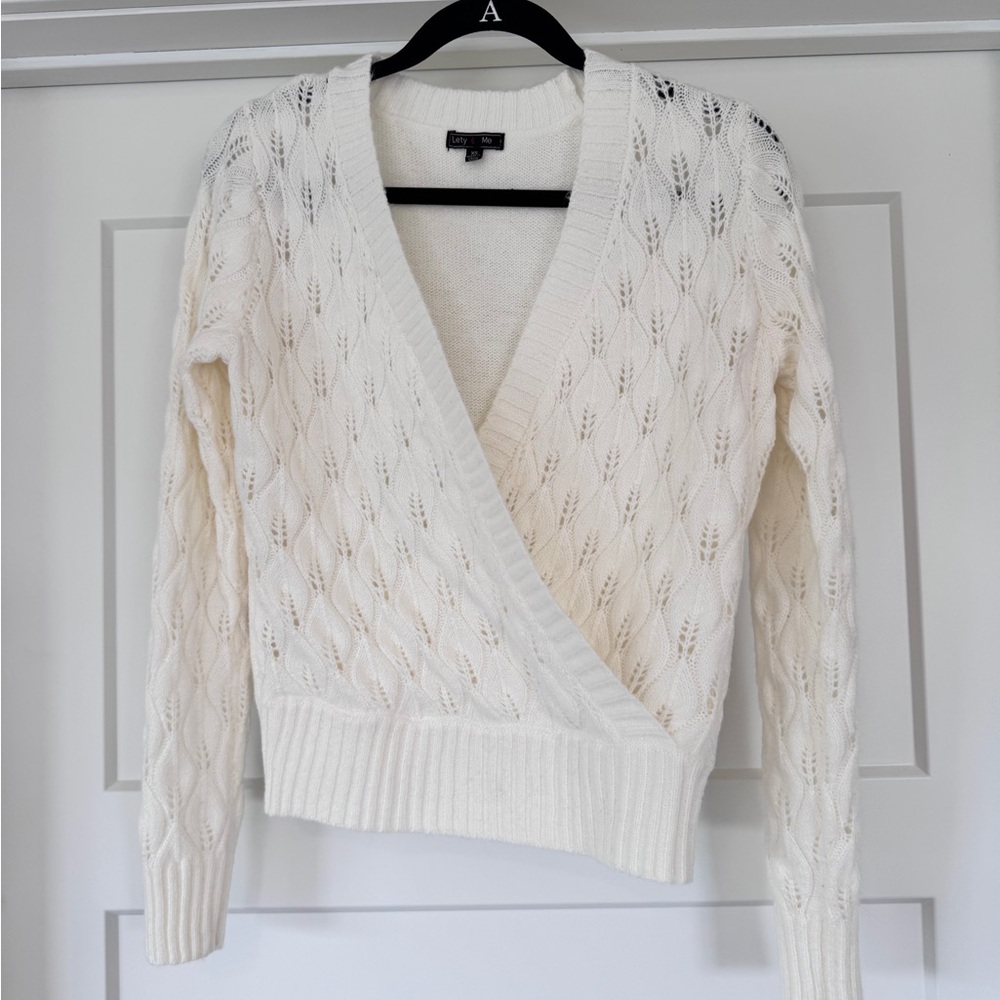 White V-Neck Cable Knit Sweater